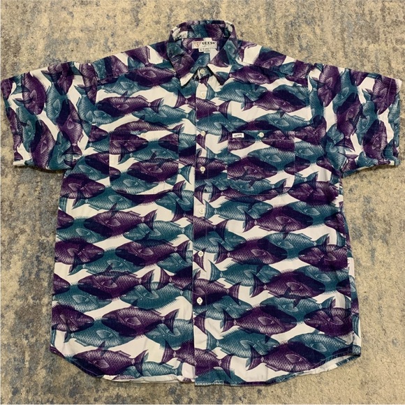 Guess Other - Vintage Guess Mens All Over Fish Print Cotton Short Sleeve Button Shirt XL USA